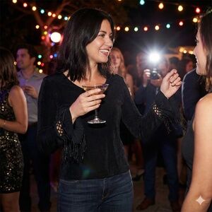 ARTEX Black Slinky Knit Scoop Neck Top with Crochet Fringe Sleeve Detail Sz L